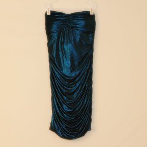 Blue Metallic Strapless Ruched Mini Dress